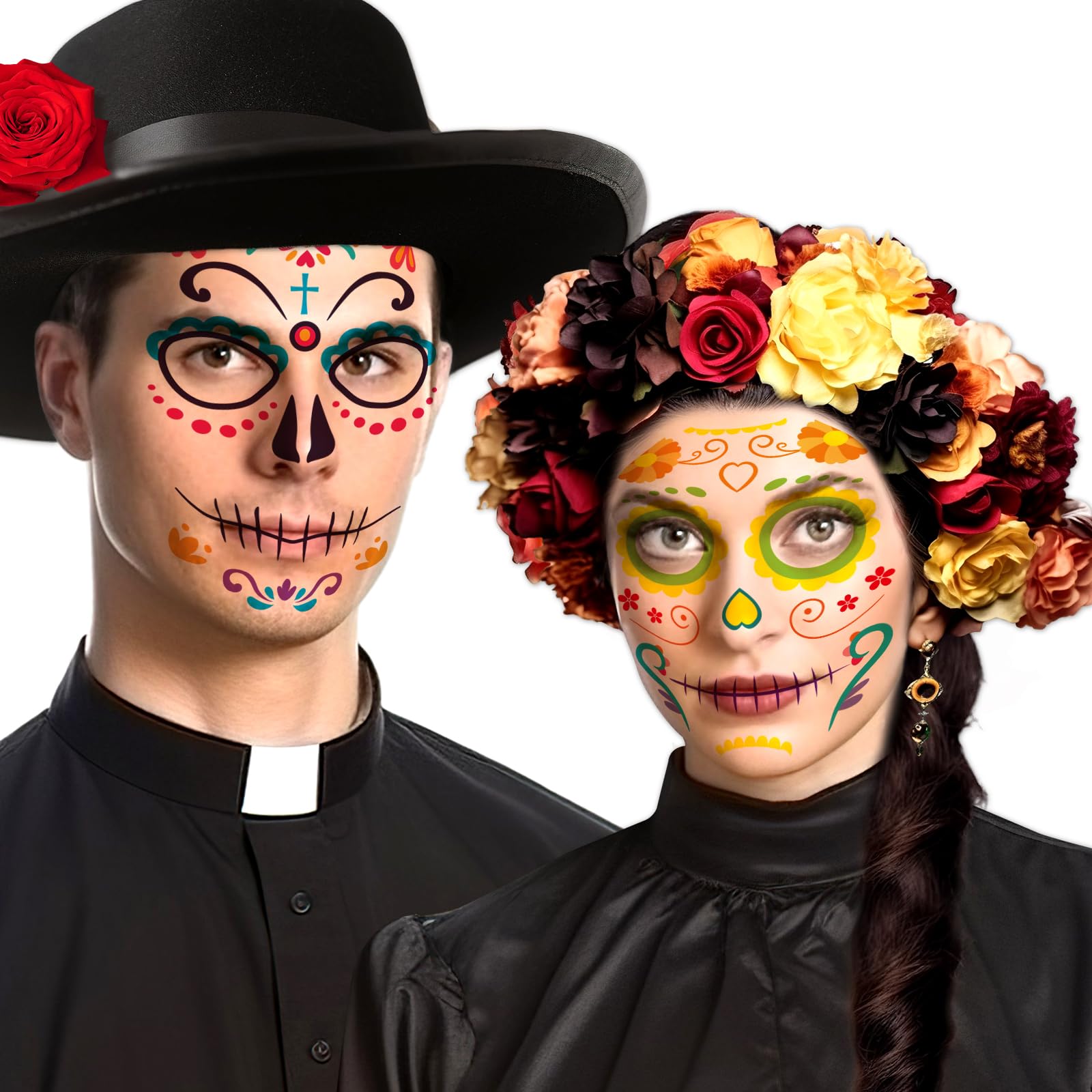 Ceiba Tree Day of Dead Tattoos Halloween Temporary Sugar Skull Face Tattoos Skeleton Floral Full Skull Face Mask Stickers Party Supplies - Image 4