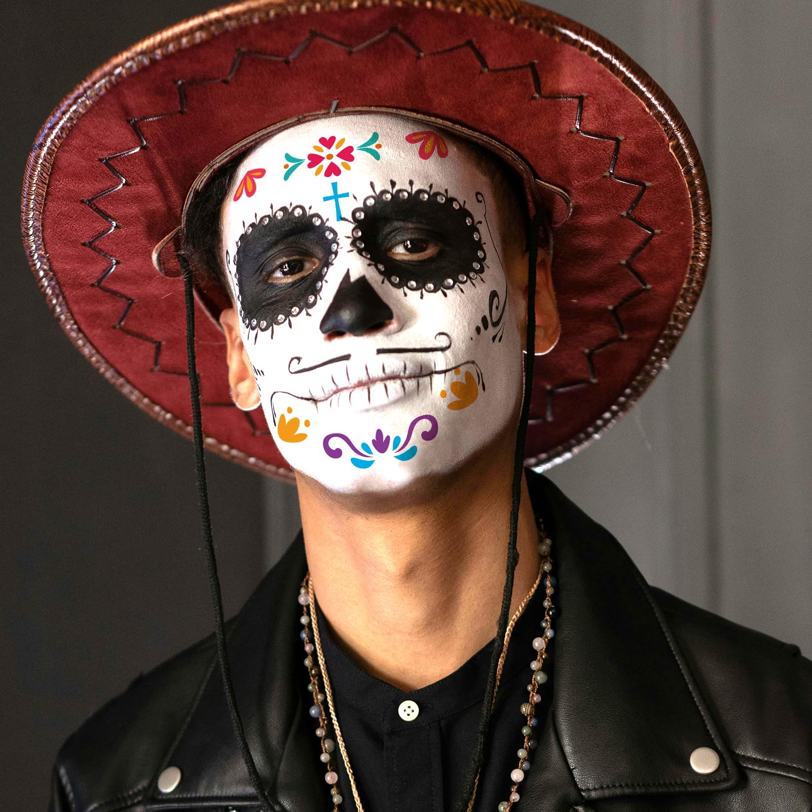 Ceiba Tree Day of Dead Tattoos Halloween Temporary Sugar Skull Face Tattoos Skeleton Floral Full Skull Face Mask Stickers Party Supplies - Image 7